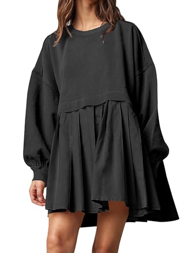 MUMUBELLA Damen-Sweatshirt-Kleid, Rundhalsausschnitt, kurzes Babydoll-Kleid, Langarm-Shirt, lockere Tunika-Oberteile, 1 Schwarz, X-Groß von MUMUBELLA