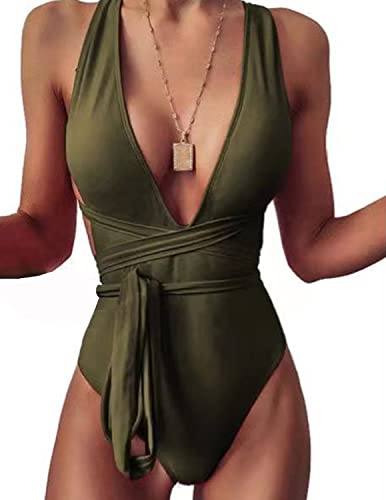MUMZUGI Badeanzug Damen Bauchweg V Ausschnitt Bademode Neckholder Swimsuit Push Up Bikini Beachwear, Grün L von MUMZUGI