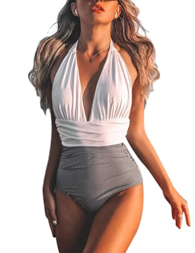 MUMZUGI Badeanzug Damen V Ausschnitt Bademode Bauchweg Push Up Swimsuit Bikini Neckholder Beachwear, Weiß L von MUMZUGI