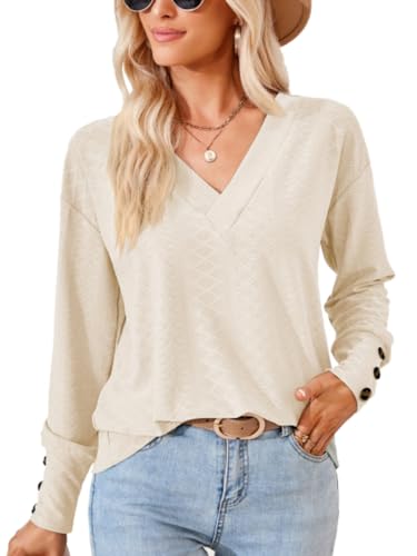 MUMZUGI Bluse Damen Langarm V-Ausschnitt Langarmshirt Elegant Tunika Casual Blusen Shirts Tops, Beige S von MUMZUGI