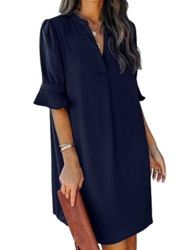 MUMZUGI Kleider Damen Sommer Elegant Sommerkleid Kurzarm Midi Cocktailkleid Strandkleid, Blau M von MUMZUGI