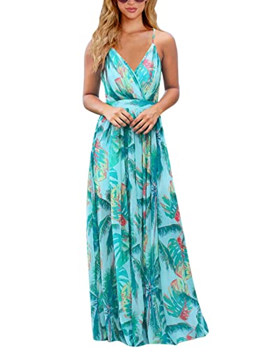 MUMZUGI Sommerkleid Damen Maxi Boho-Kleid Ärmelloses Strandkleid Damen Sommer Cocktailkleid Elegant Blumen Blau-2 L von MUMZUGI