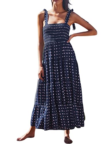 MUMZUGI Sommerkleid Damen Strandkleid Maxi Elegant Boho-Kleid Langes Ärmelloses Cocktailkleid Blumen, Blau M von MUMZUGI