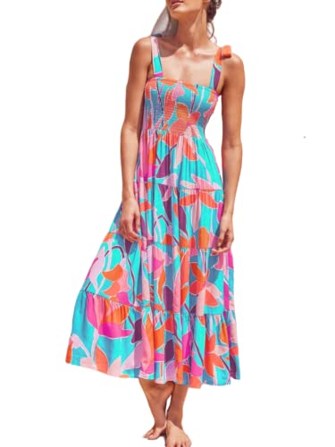 MUMZUGI Sommerkleid Damen Strandkleid Maxi Elegant Boho-Kleid Langes Ärmelloses Cocktailkleid Blumen, Orange M von MUMZUGI