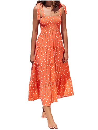 MUMZUGI Sommerkleid Damen Strandkleid Maxi Elegant Boho-Kleid Langes Ärmelloses Cocktailkleid Blumen, Orange Points XXL von MUMZUGI