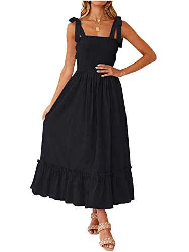 MUMZUGI Sommerkleid Damen Strandkleid Maxi Elegant Boho-Kleid Langes Ärmelloses Cocktailkleid Blumen, Schwarz S von MUMZUGI