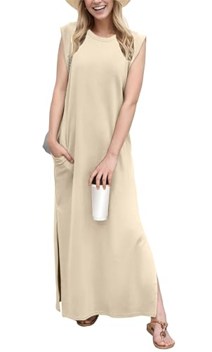 MUMZUGI Sommerkleid ohne Ärmel für Damen Maxi Kleider Elegant Sommerkleider Ärmellos Freizeit Kleid, Beige XXL von MUMZUGI