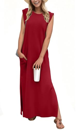 MUMZUGI Sommerkleid ohne Ärmel für Damen Maxi Kleider Elegant Sommerkleider Ärmellos Freizeit Kleid, Rot XL von MUMZUGI