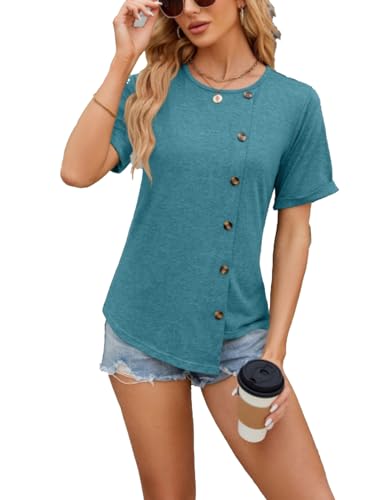 MUMZUGI T Shirt Kurzarm Damen Basic Shirts Sommer Casual Tops Rundhalsausschnitt, Blau L von MUMZUGI