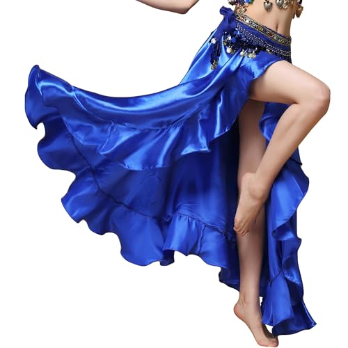 Bauchtanz Satin Rock Split Side Lange Röcke Glänzender Tanz Rock Festival Performance Kleidung (Dunkelblau, One Size) von MUNAFIE