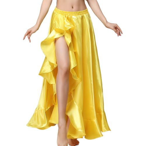 Bauchtanz Satin Rock Split Side Lange Röcke Glänzender Tanz Rock Festival Performance Kleidung Gelb von MUNAFIE