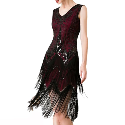 MUNAFIE 20er Jahre Kleid Pailettenkleider Fransenkleid V-Ausschnitt Glitzer Kleid für Damen 1920er Gatsby Charleston Flapper Party Kleider Kostüm Damen Rot-L von MUNAFIE