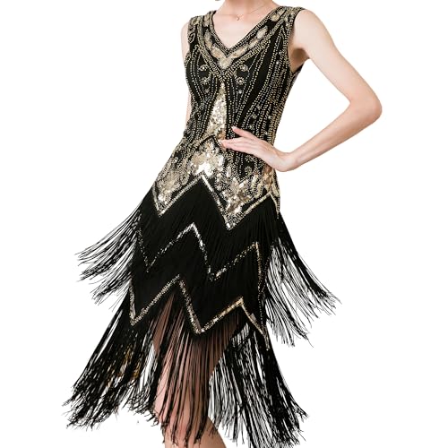 MUNAFIE 20er Jahre Kleid Pailettenkleider Fransenkleid V-Ausschnitt Glitzer Kleid für Damen 1920er Gatsby Charleston Flapper Party Kleider Kostüm Damen Schwarz/Gold-M von MUNAFIE