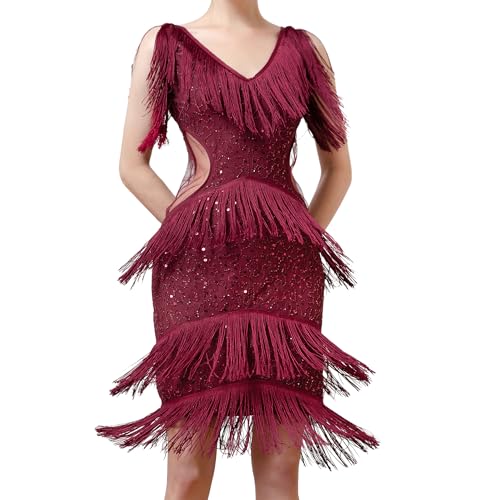 MUNAFIE 20er Jahre Kostüm Fransenkleid Pailettenkleider Glitzerkleid für Damen 1920er Gatsby Charleston Party Kleider Rot-XL von MUNAFIE