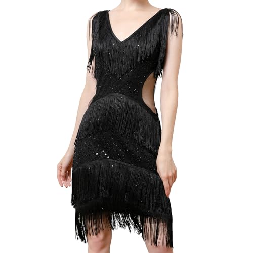 MUNAFIE 20er Jahre Kostüm Damen Fransenkleid Pailettenkleider Glitzerkleid für Damen 1920er Gatsby Charleston Party Kleider Damen Schwarz-L von MUNAFIE