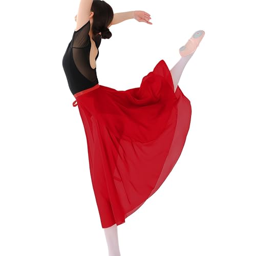 MUNAFIE Ballett Rock Damen Chiffon Wickelrock Ballettkleidung Verstellbare Taille Krawatten Tanz Röcke für Damen und Mädchen Rot von MUNAFIE