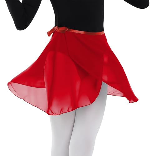 MUNAFIE Ballettkleidung Damen Ballett Rock Verstellbare Taille Krawatten Chiffon Wickelrock Tanz Röcke für Damen und Mädchen Rot von MUNAFIE