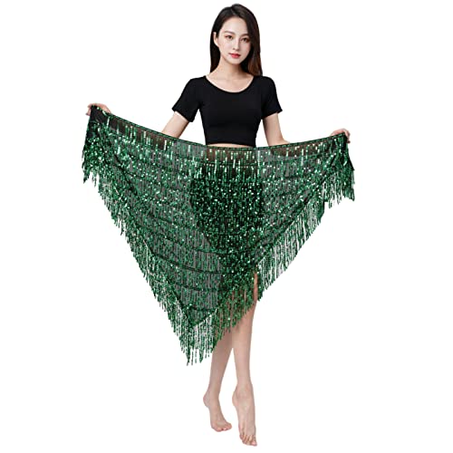 MUNAFIE Bauchtanz Hüfttuch, Pailletten Fransen Glitzer Rock Rave Festival Outfit Damen Schwarz Grün von MUNAFIE