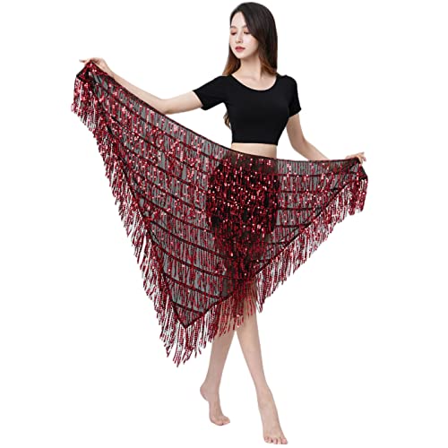 MUNAFIE Bauchtanz Hüfttuch, Pailletten Fransen Glitzer Rock Rave Festival Outfit Damen Schwarz Rot von MUNAFIE