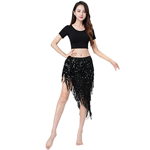 MUNAFIE Bauchtanz Hüfttuch, Pailletten Fransen Glitzer Rock Rave Festival Outfit Damen Schwarz Schwarz2 von MUNAFIE