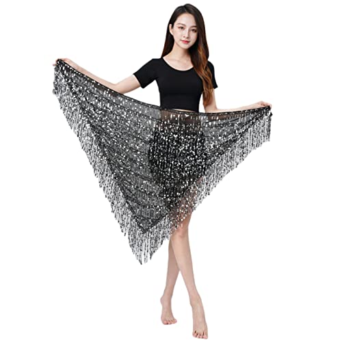 MUNAFIE Bauchtanz Hüfttuch, Pailletten Fransen Glitzer Rock Rave Festival Outfit Damen Schwarz Silber von MUNAFIE