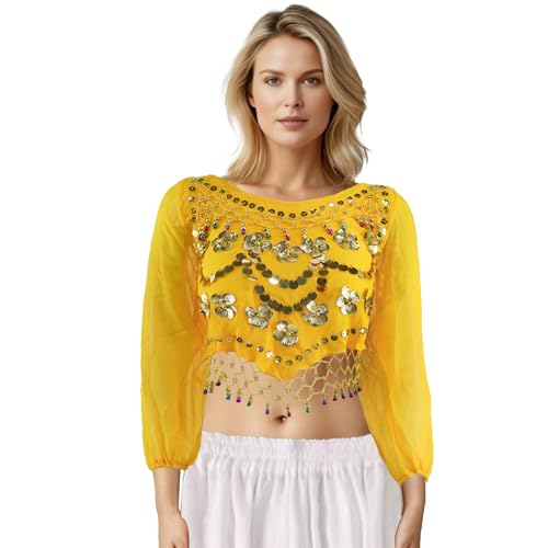 MUNAFIE Bauchtanz Oberteil Bauchtanz Kostüm Damen Pailletten Oberteil Damen 3/4 Ärmel Pflaumengemustertes Tanz Top mit Glocken Gelb von MUNAFIE