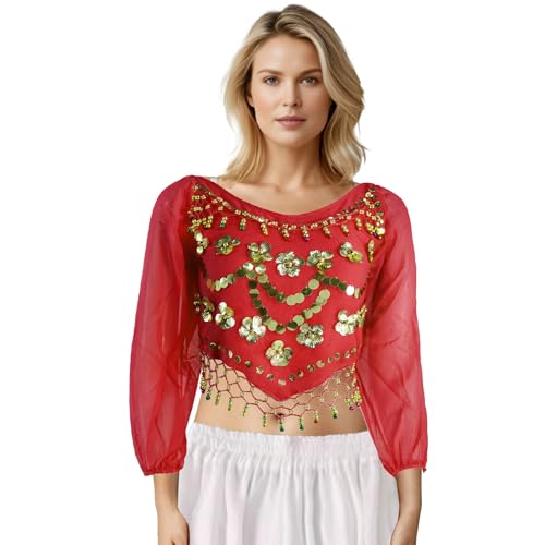 MUNAFIE Bauchtanz Oberteil Bauchtanz Kostüm Damen Pailletten Oberteil Damen 3/4 Ärmel Pflaumengemustertes Tanz Top mit Glocken Rot MUNAFIE Bauchtanz Oberteil Bauchtanz Kostüm Damen Pailletten Oberteil Damen 3/4 Ärmel Pflaumengemustertes Tanz Top mit Glocken Rot von MUNAFIE