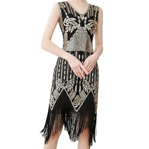 MUNAFIE Charleston Kleid 20er Jahre Pailettenkleider Glitzerkleid Fransenkleid für Damen 1920er Gatsby Flapper Party Kleider Kostüm Damen Schwarz/Gold-L von MUNAFIE