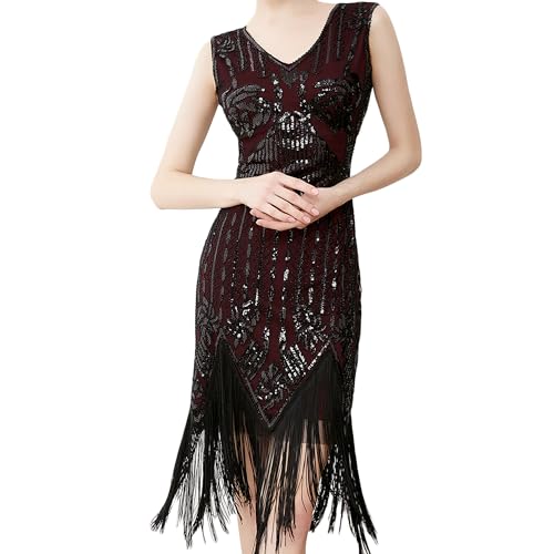 MUNAFIE Charleston Kleid 20er Jahre Pailettenkleider Glitzerkleid Fransenkleid für Damen 1920er Gatsby Flapper Party Kleider Kostüm Damen Schwarz/Rot-XL von MUNAFIE