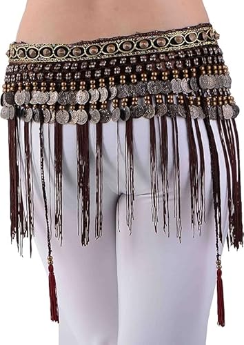 MUNAFIE Damen Samt Tribe Style Bauchtanz Hüfttuch mit Münzen Bauchtanz Kostüm Damen Bauchtanz Gürtel Fransen Rock Braun von MUNAFIE