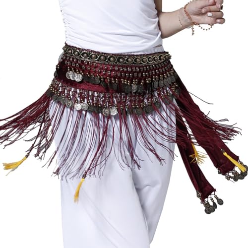 MUNAFIE Damen Samt Tribe Style Bauchtanz Hüfttuch mit Münzen Bauchtanz Kostüm Damen Bauchtanz Gürtel Fransen Rock Rot von MUNAFIE