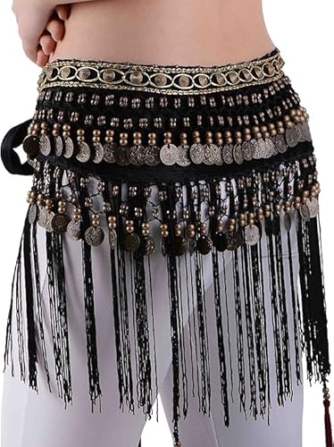 MUNAFIE Damen Samt Tribe Style Bauchtanz Hüfttuch mit Münzen Bauchtanz Kostüm Damen Bauchtanz Gürtel Fransen Rock Schwarz von MUNAFIE