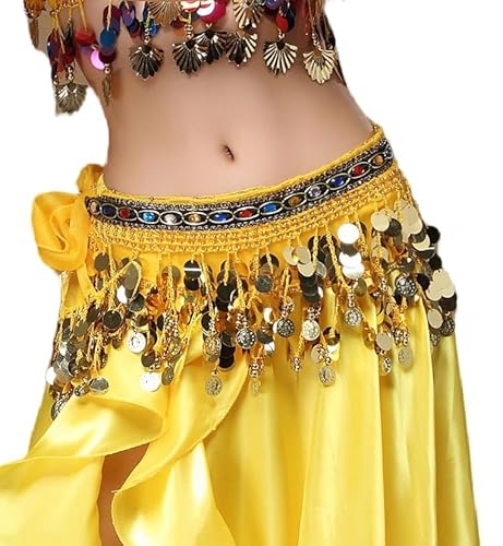 MUNAFIE Edelsteine Bauchtanz Hüfttuch Bauchtanz Kostüm Damen Bauchtanz Gürtel Tuch mit Münzen Gelb von MUNAFIE