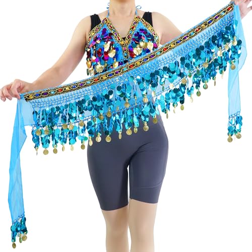 MUNAFIE Edelsteine Bauchtanz Hüfttuch Bauchtanz Kostüm Damen Bauchtanz Gürtel Tuch mit Münzen Hellblau von MUNAFIE