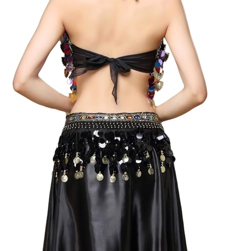 MUNAFIE Edelsteine Bauchtanz Hüfttuch Bauchtanz Kostüm Damen Bauchtanz Gürtel Tuch mit Münzen Schwarz von MUNAFIE