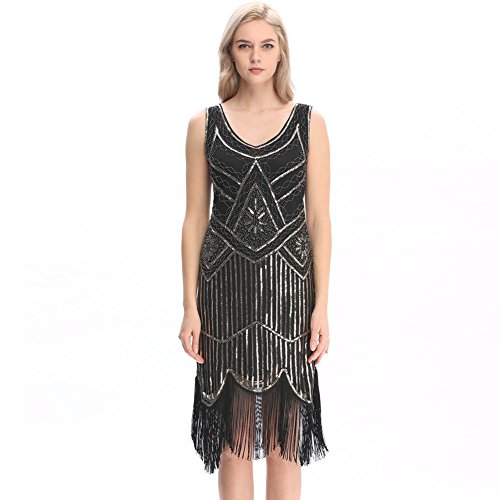 MUNAFIE Gatsby Kleid Damen 20er Jahre Kleid Pailetten Glitzer Fransenkleid für Damen 1920er Gatsby Charleston Flapper Party Kleider Kostüm Damen Schwarz/Gold-M von MUNAFIE