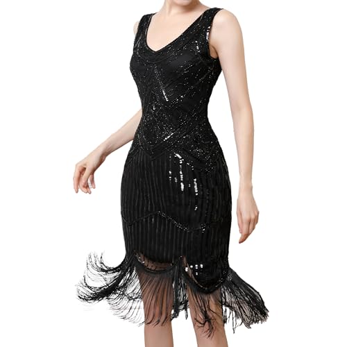 MUNAFIE Gatsby Kleid Damen 20er Jahre Kleid Pailetten Glitzer Fransenkleid für Damen 1920er Gatsby Charleston Flapper Party Kleider Kostüm Damen Schwarz/Schwarz-XL von MUNAFIE