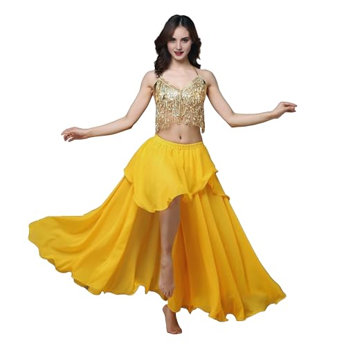 MUNAFIE Langer Rock mit Schlitz Irregulär Röcke für Damen Tanzrock Tanzkleid Bauchtanz Kostüm Gelb von MUNAFIE