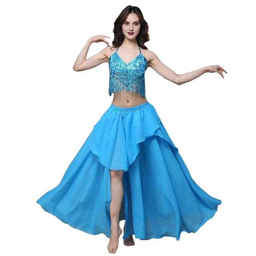 MUNAFIE Langer Rock mit Schlitz Irregulär Röcke für Damen Tanzrock Tanzkleid Bauchtanz Kostüm Hellblau von MUNAFIE