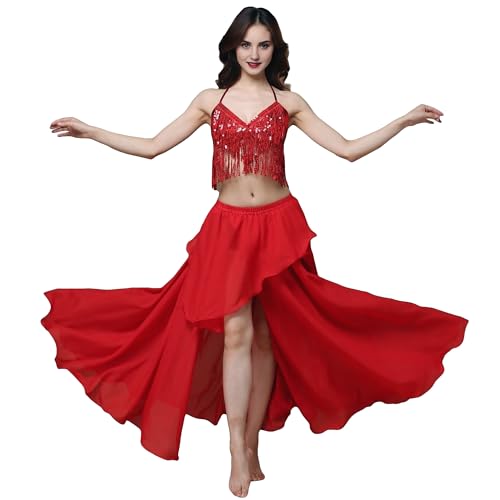 MUNAFIE Langer Rock mit Schlitz Irregulär Röcke für Damen Tanzrock Tanzkleid Bauchtanz Kostüm Rot von MUNAFIE