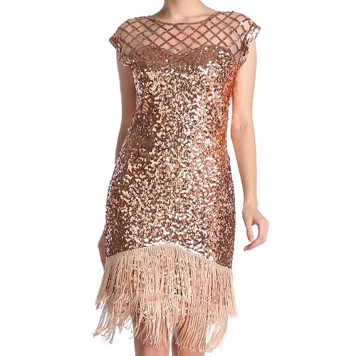 MUNAFIE Pailettenkleider für Damen 20er Jahre Kleid Glitzerkleid Fransenkleid 1920er Gatsby Charleston Flapper Party Kleider Kostüm Damen Champagner-M von MUNAFIE