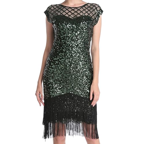 MUNAFIE Pailettenkleider für Damen 20er Jahre Kleid Glitzerkleid Fransenkleid 1920er Gatsby Charleston Flapper Party Kleider Kostüm Damen Grün-L von MUNAFIE
