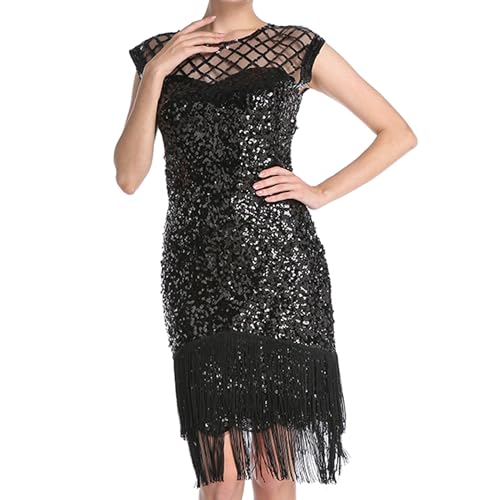 MUNAFIE Pailettenkleider für Damen 20er Jahre Kleid Glitzerkleid Fransenkleid 1920er Gatsby Charleston Flapper Party Kleider Kostüm Damen Schwarz-M von MUNAFIE