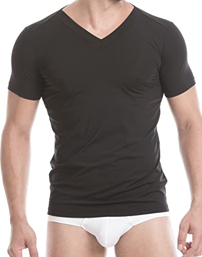 Unico Herren T-Shirt V Neck Tonic Kurzarm Mikrofaser Weiß | Schwarz, Farbe:Schwarz, Größe:S von Mundo Unico