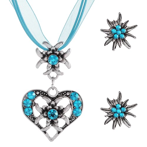 MUNSKT 3 Stück Bayerisch Dirndlschmuck Set, Liebe Halskette und Ohrstecker für Damen Bierfest Trachten Dirndl Outfit Accessoires. (Hellblau) von MUNSKT