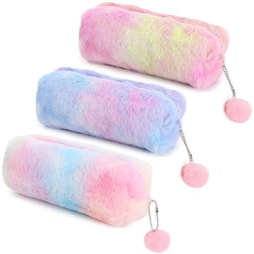 MUNSKT 3 Plüsch-Federmäppchen, niedliches Regenbogen-Federmäppchen,große Kapazität, Schreibwaren Aufbewahrungstasche, Mädchen Schreibwaren Federmäppchen, Kinder-Plüsch-Federmäppchen von MUNSKT