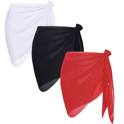 MUNSKT 3er Set Strand Umwickelröcke Leicht luftig Chiffon Badebekleidung für Damen Mädchen Kurze Sarong Overlays, Einheitsgröße passend, buntes Design für Poolparty Meerurlaub von MUNSKT
