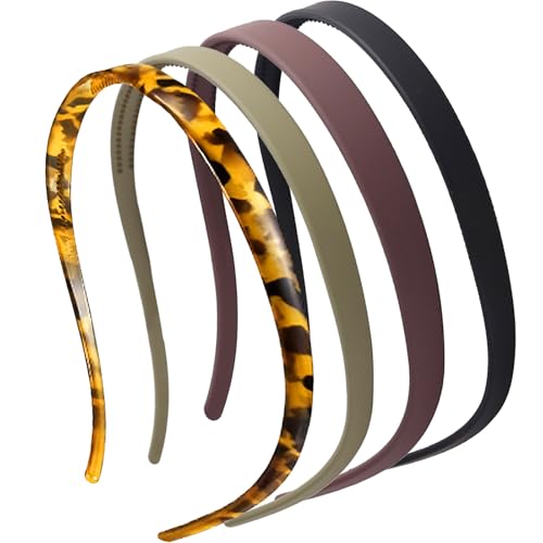 MUNSKT 4 Stück Kein Kopfschmerz Haarreif Haarreifen Damen Haarreif für Brillenträger Zickzack Haarreife mit Klammern für Alltag Dünne Haarreifen Damen Rutschfest Schwarz Khaki Rotbraun Leopardenorange von MUNSKT