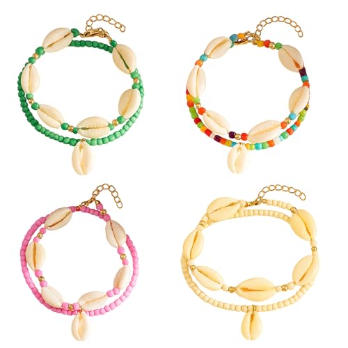MUNSKT 4 Stück Muschelkette Muschel Armband Fußkette Natürliche Kaurimuschel für Damen Mädchen Weiß Grün Rosa Multicolor von MUNSKT