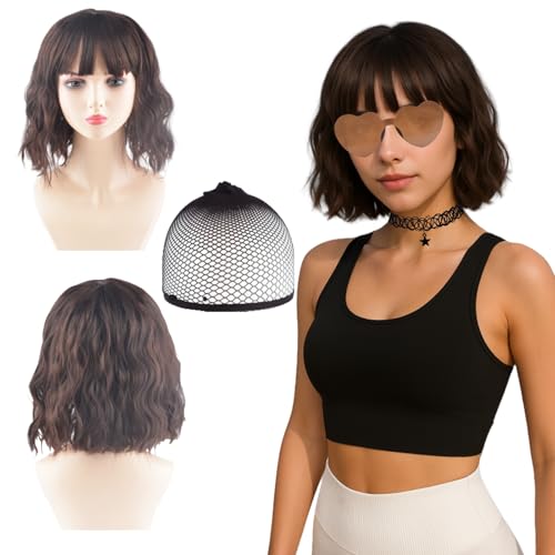 MUNSKT 4-Teiliges Set: Braune Kurzhaarperücke mit Fransen, Inklusive Haarnetz, Sonnenbrille und Halskette - Ideal für Partys, Cosplay, Historische Kostüme und Alltag - Kurzhaarperücke für Damen MUNSKT 4-Teiliges Set: Braune Kurzhaarperücke mit Fransen, Inklusive Haarnetz, Sonnenbrille und Halskette - Ideal für Partys, Cosplay, Historische Kostüme und Alltag - Kurzhaarperücke für Damen von MUNSKT